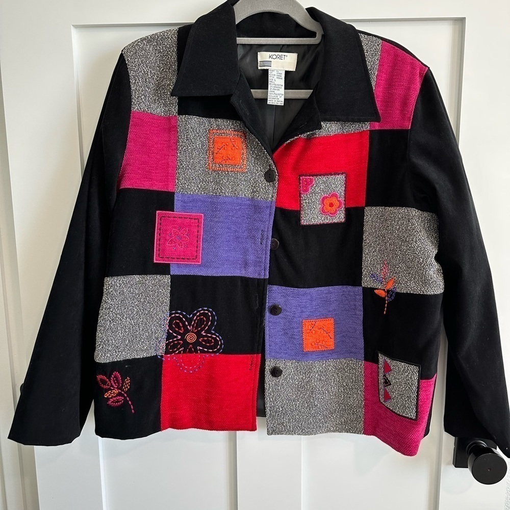Koret vintage jacket shacket with colorful patch quilt work floral L blazer